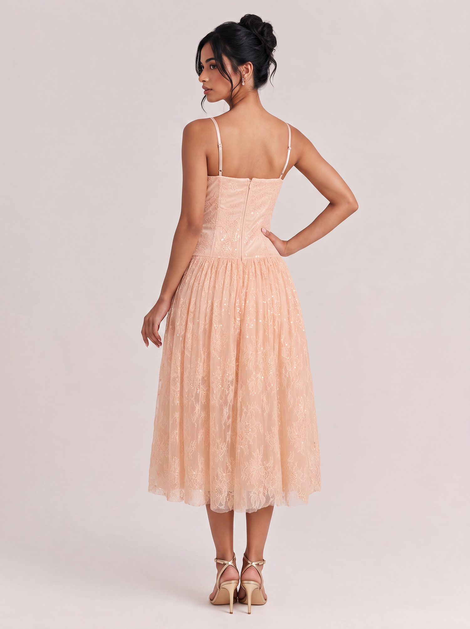 Elegant Champagne Pink Sequin Lace Spaghetti Strap Midi Dress