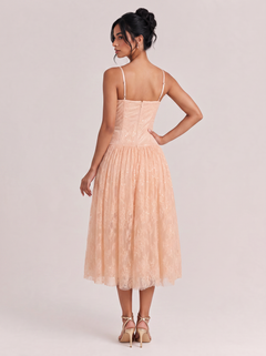 Elegant Champagne Pink Sequin Lace Spaghetti Strap Midi Dress