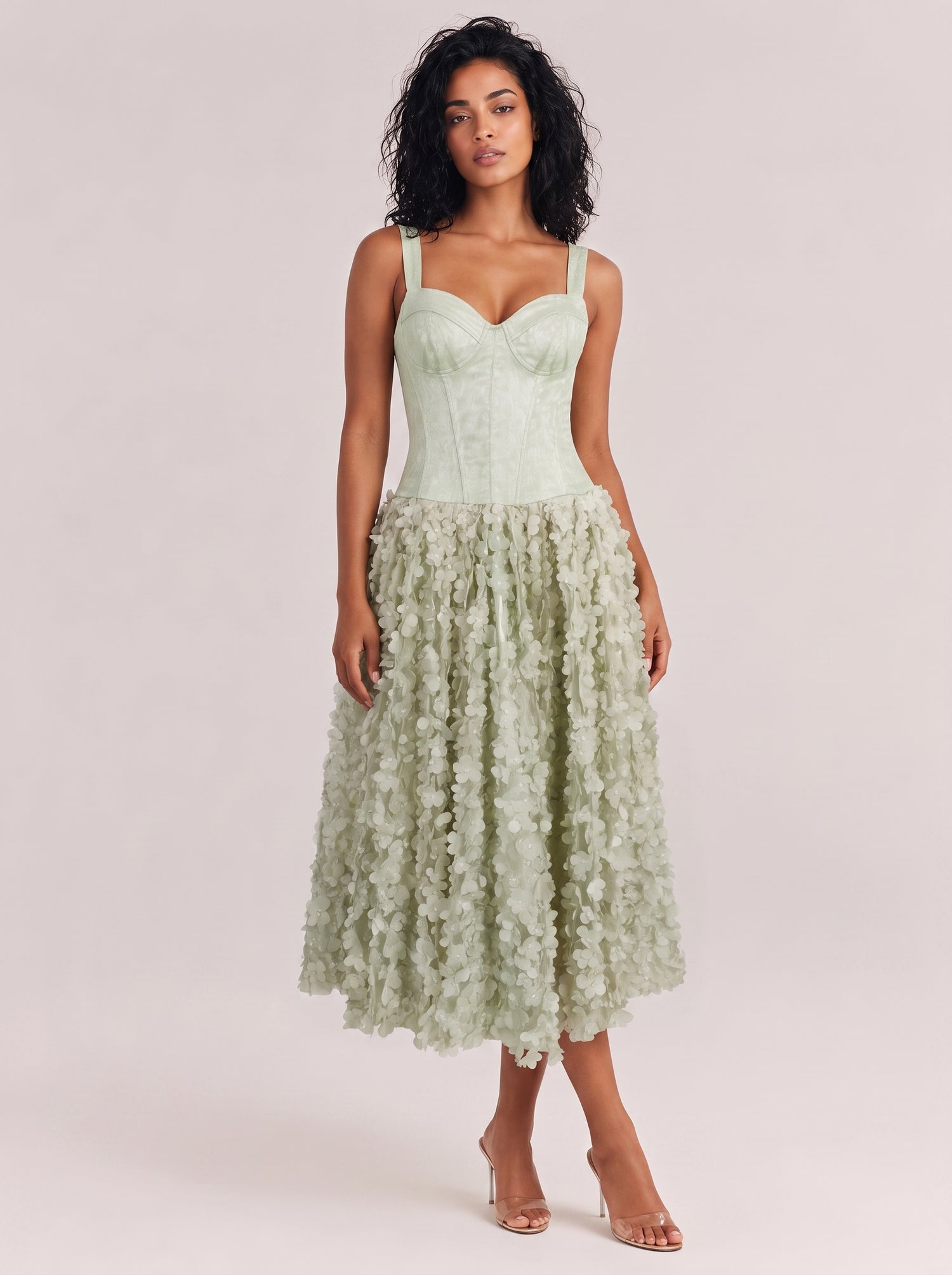 Luxurious Champagne 3D Floral Petal Skirt Gown With Structured Corset Bodice