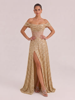 Shoulder Fishbone Waist Sequin Split Long Evening Gown