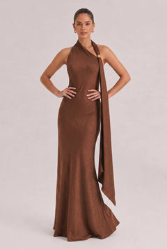 Elegant Bronze One-Shoulder Satin Maxi Dress