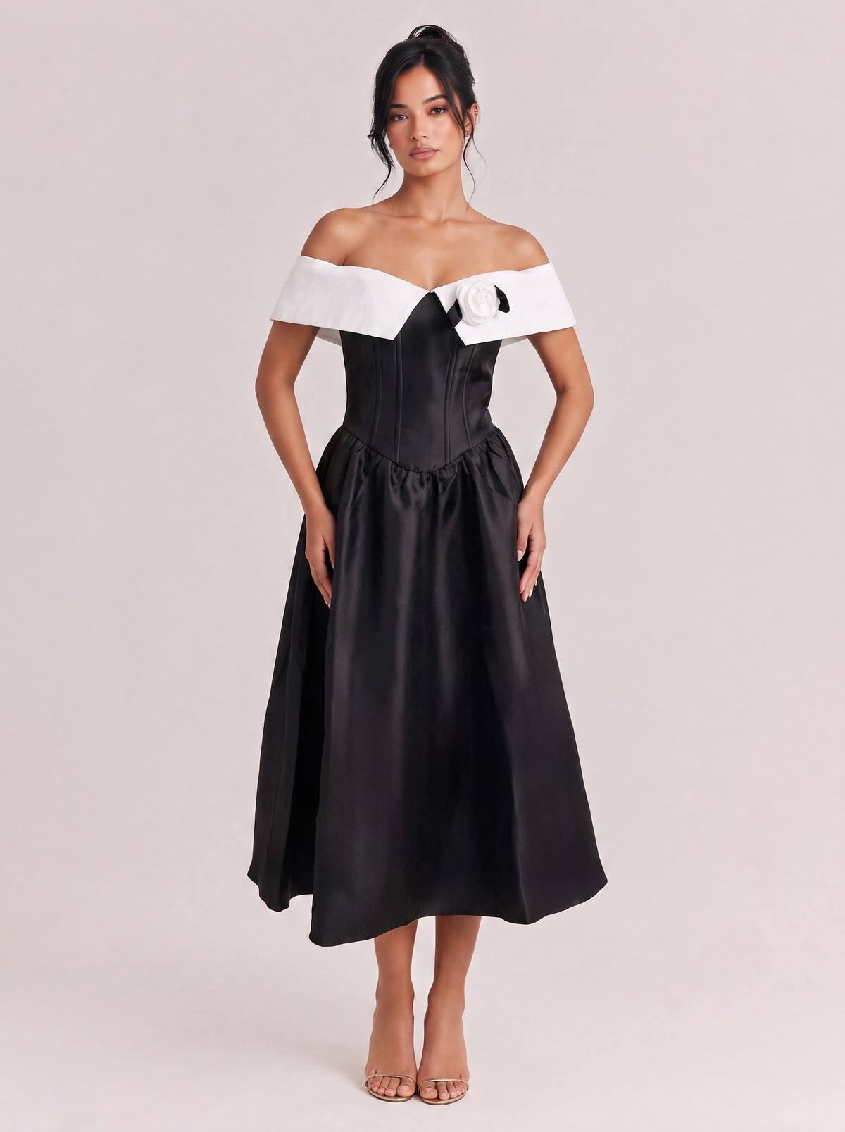 Black White Off Shoulder Rose Corset Midi Party Dress