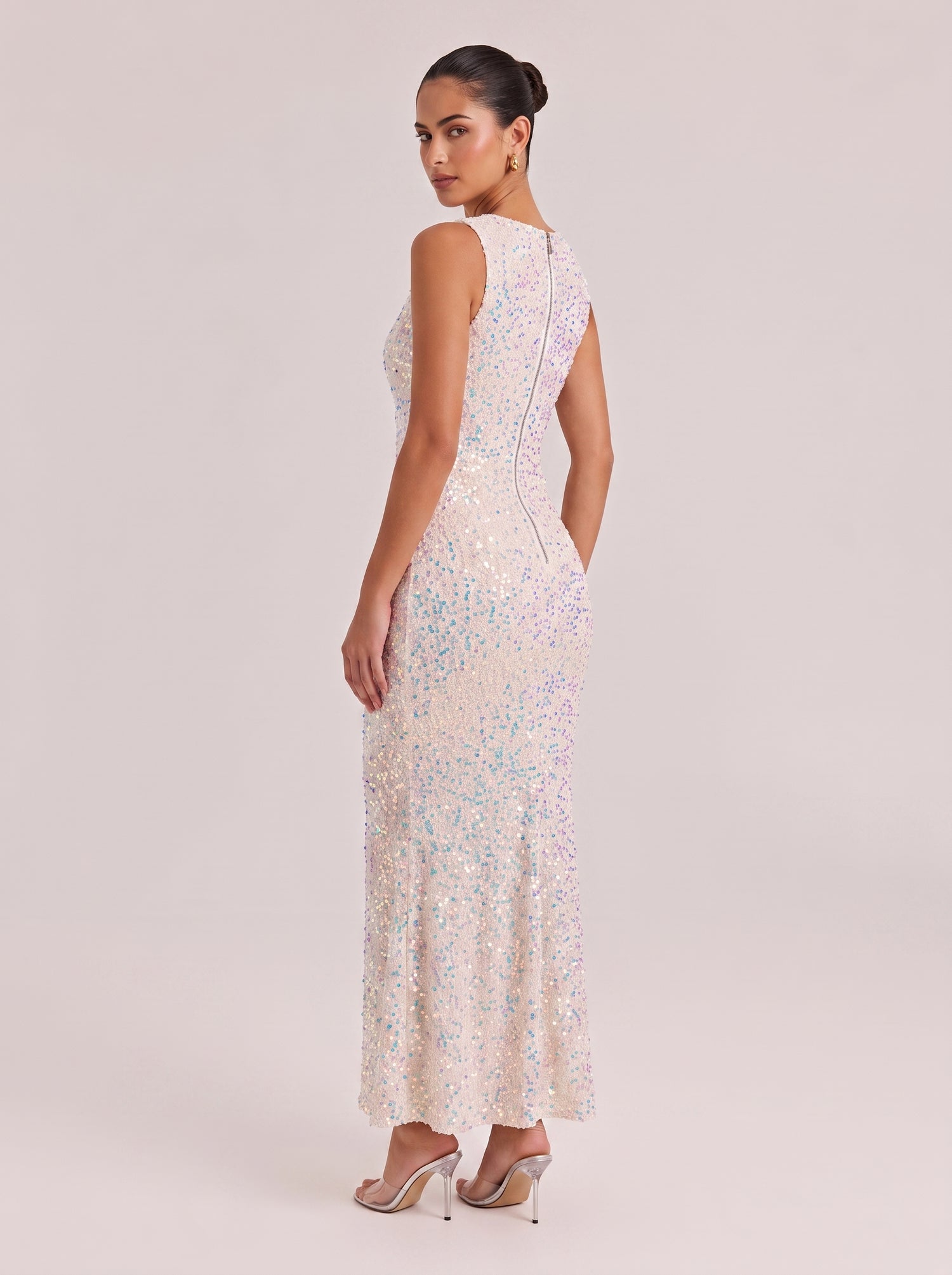 Iridescent Sequin Square Neck Sleeveless Mermaid Maxi Dress