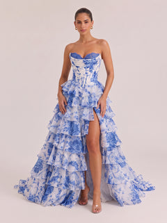 Strapless Fishbone Belted Blue And White Porcelain Printed Multi-Layer Ruffled High Split Canopy Gown