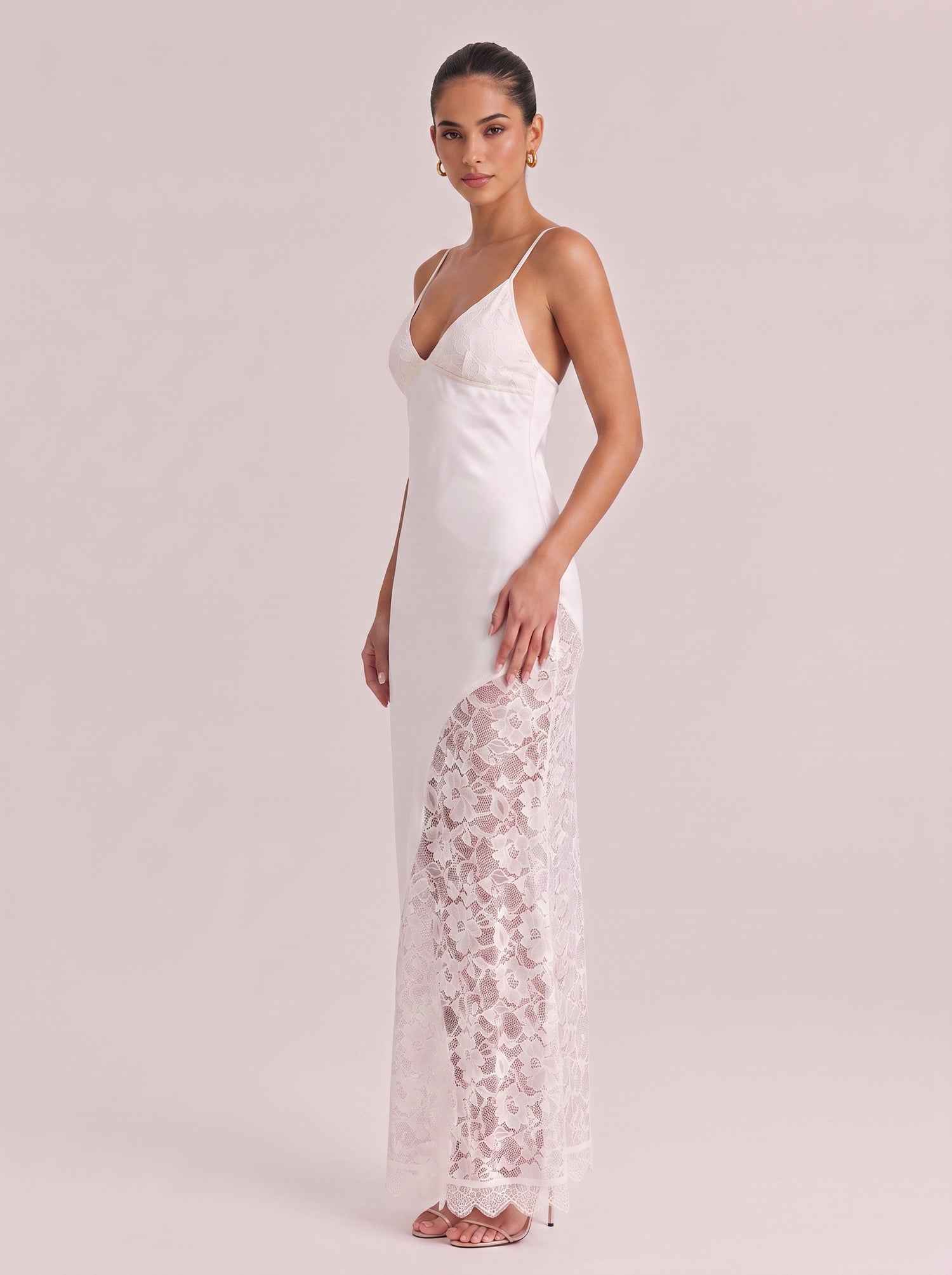 Deep V Thin Strap Satin Stitching Lace Split Long Dress