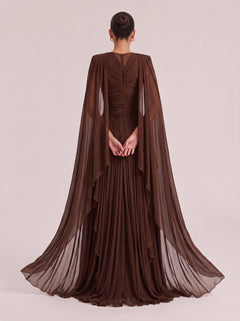 Dark Brown Hollow-out Twisted Pleated Cape Draped Chiffon Long Dress