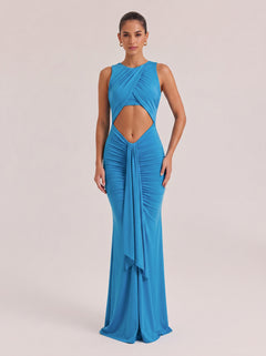 Hanging Neck Hollow Waist Side Twisted Pleated Slim-fit Holiday Long Dress