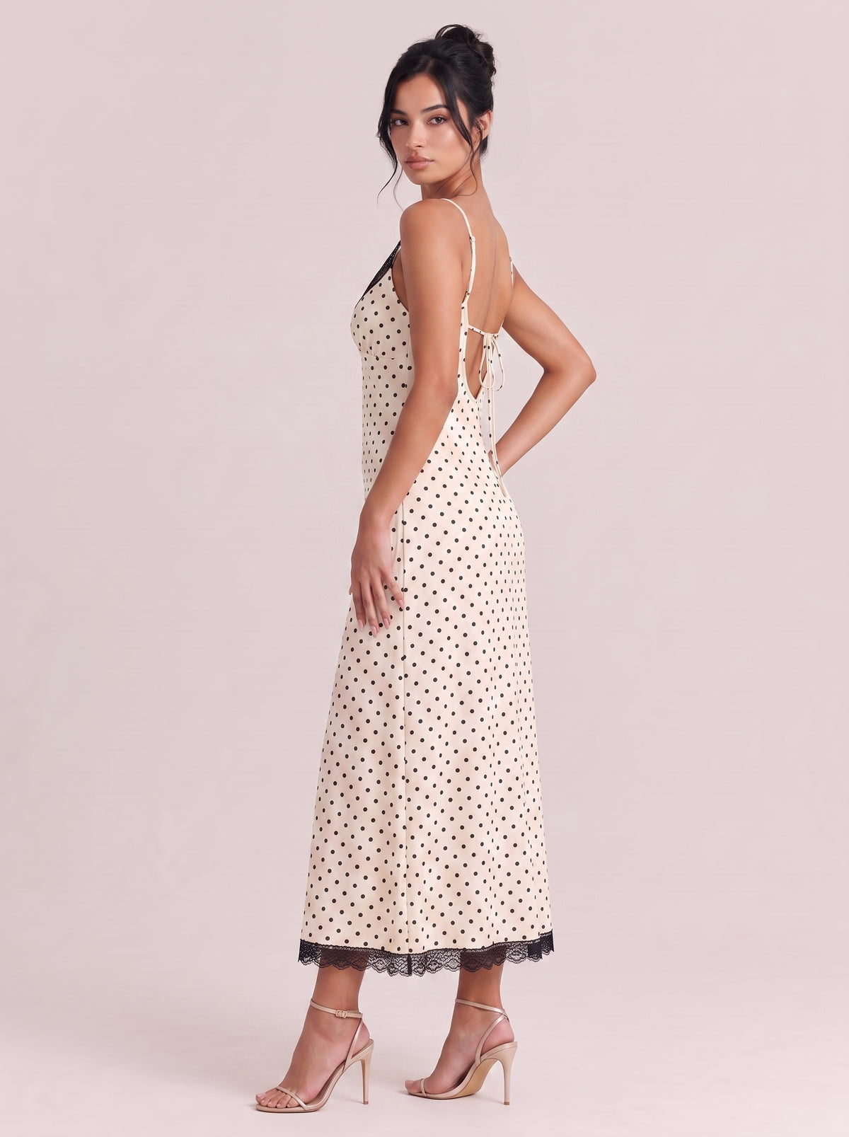 Lace V-Neck Polo-Dot Mid-Length Dress With Tight Waist