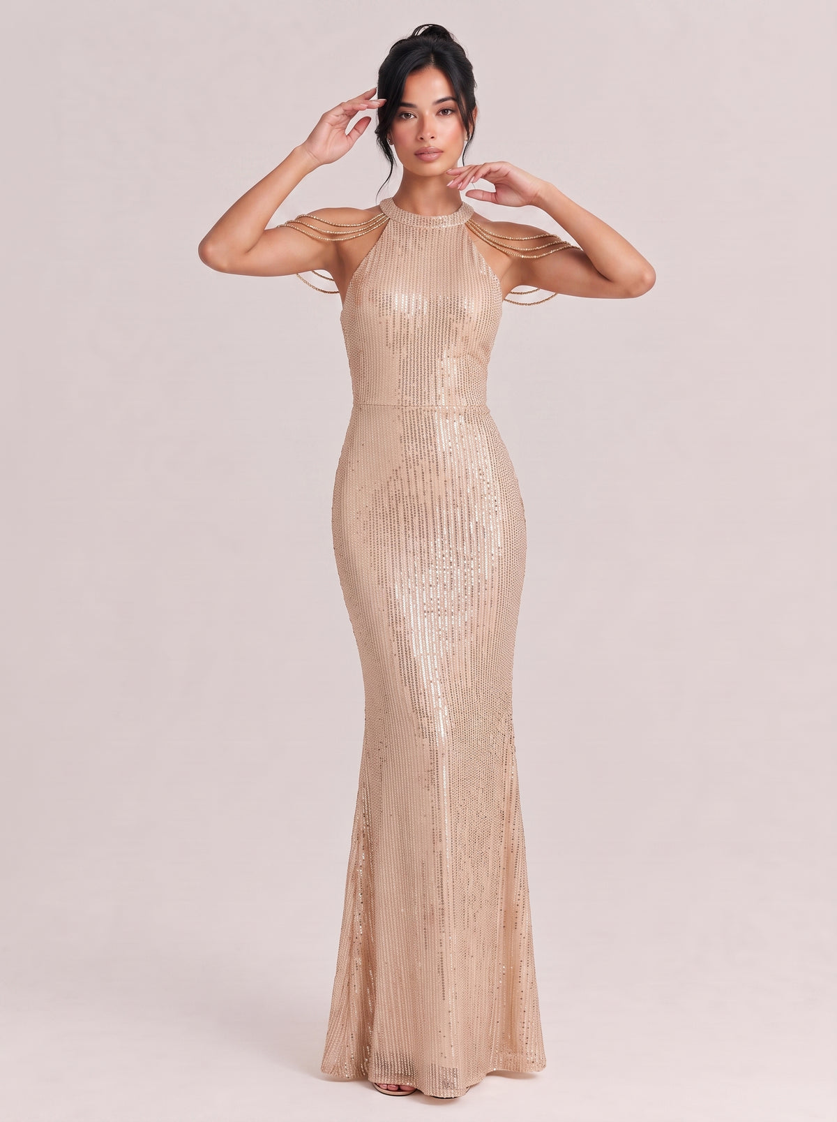 Neck-Neck Tassel Shoulder Sequins Slim-Fit Fishtail Long Evening Gown