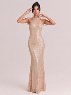 Neck-Neck Tassel Shoulder Sequins Slim-Fit Fishtail Long Evening Gown