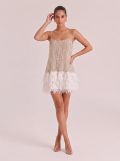 Fine Strap Beaded Mesh Feather Short Party Dress