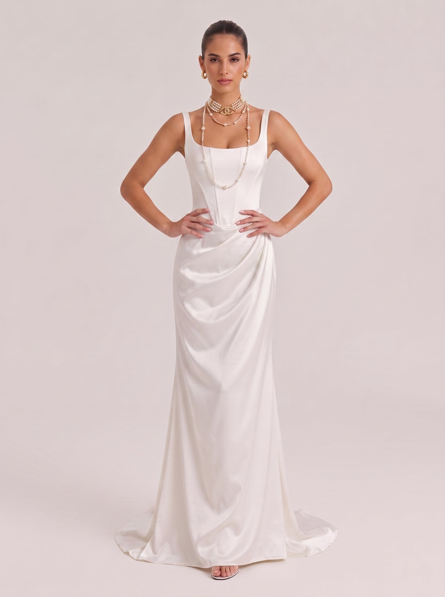 Square Collar Suspenders Fishbone Waisted Pleated Satin Trailing Wedding Dress