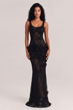 Black Three-dimensional Flower Perspective Lace Long Dress