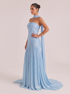 Hanging Halter Strap Strapless Pleated Waist Trailing Long Gown