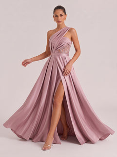 Oblique Shoulder Lace Waist Seal Satin Split Large Long Evening Gown