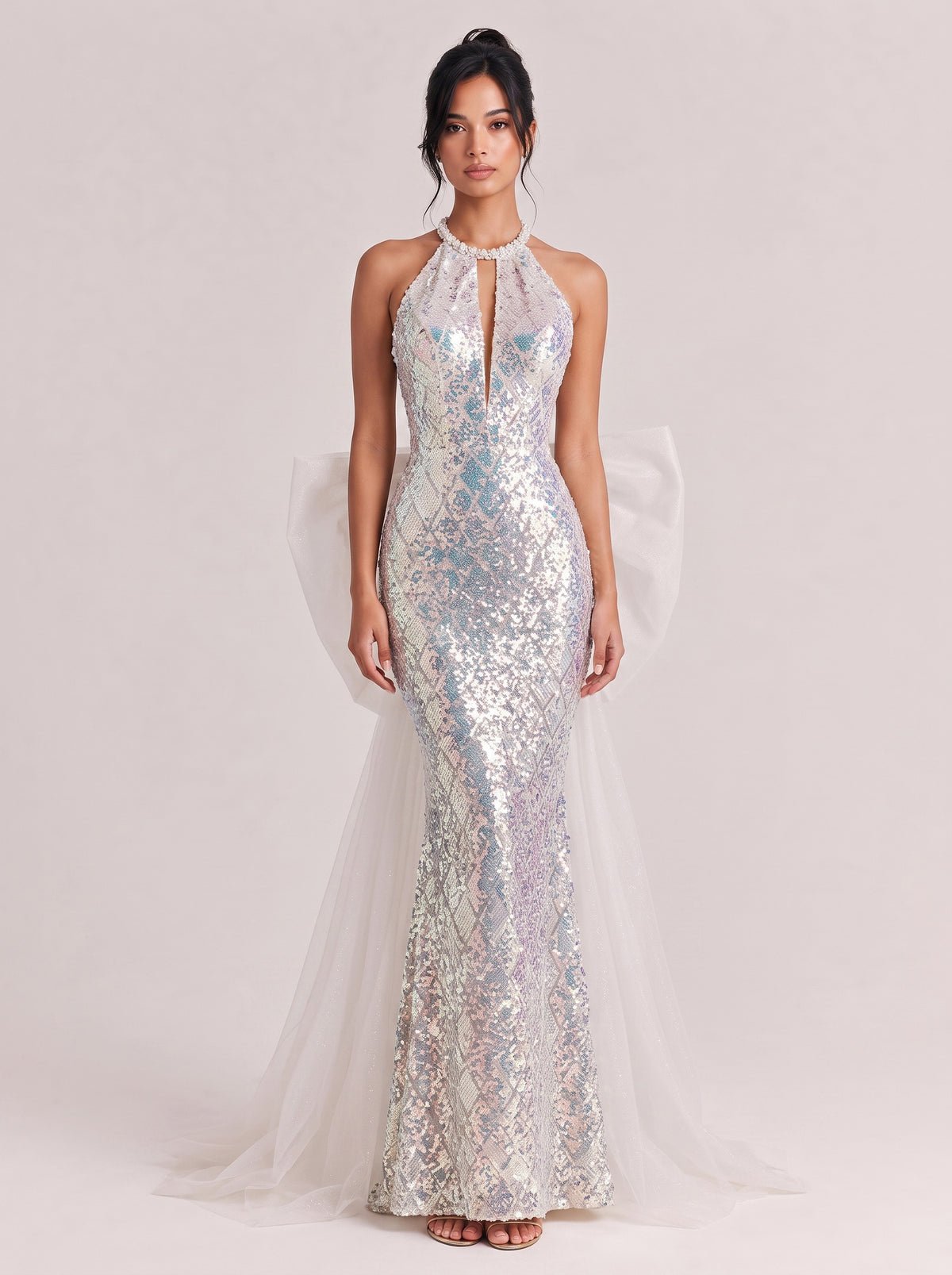 Phantom Sequins Hanging Neck Diamond Hollow-out Fishtail Dress Large Mesh Trailing Dress