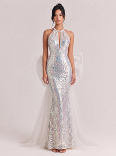 Phantom Sequins Hanging Neck Diamond Hollow-out Fishtail Dress Large Mesh Trailing Dress