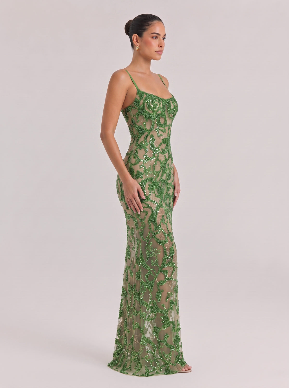 Thin Shoulder Strap Green Sequin See-Through Lace Slim Fishtail Holiday Dress