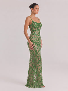 Thin Shoulder Strap Green Sequin See-Through Lace Slim Fishtail Holiday Dress