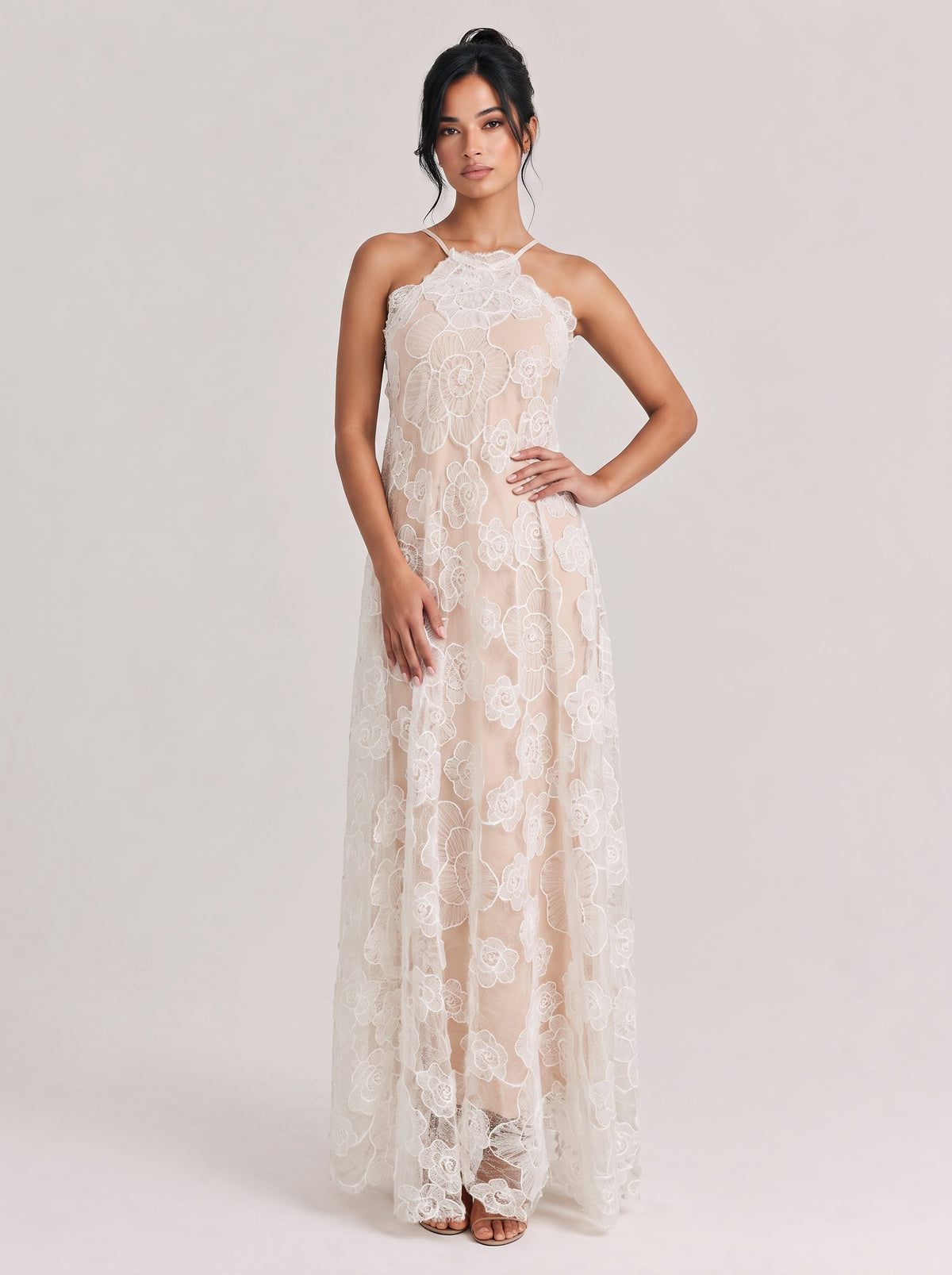 Hanging Neck Three-Dimensional Flower Lace Elegant Long Dress