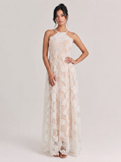 Hanging Neck Three-Dimensional Flower Lace Elegant Long Dress