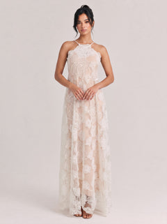 Hanging Neck Three-Dimensional Flower Lace Elegant Long Dress