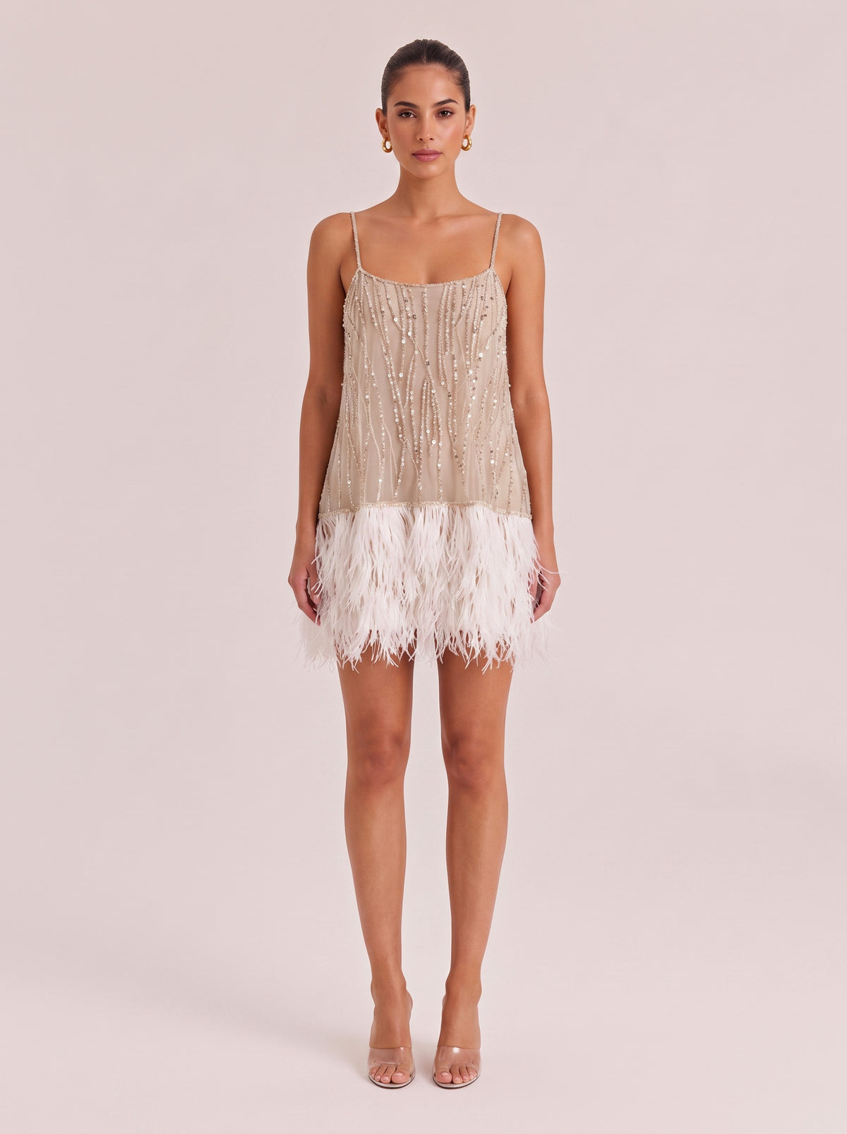 Fine Strap Beaded Mesh Feather Short Party Dress