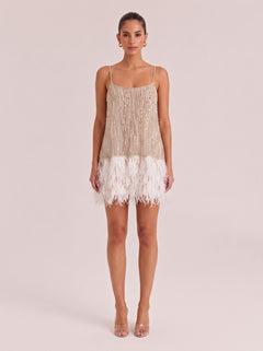 Fine Strap Beaded Mesh Feather Short Party Dress