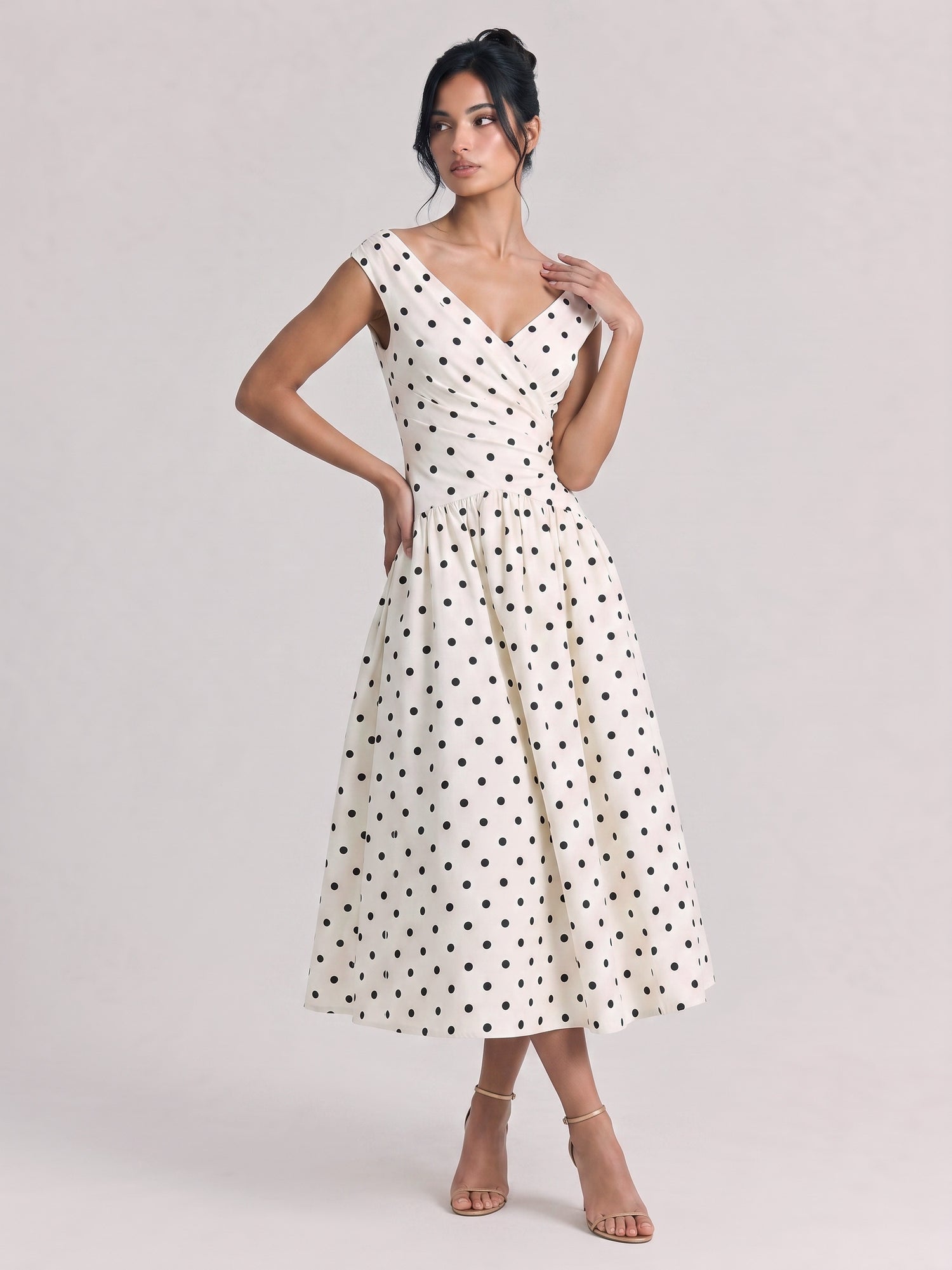 French Vintage Polo-Dot V-Neck Large Swing Dress