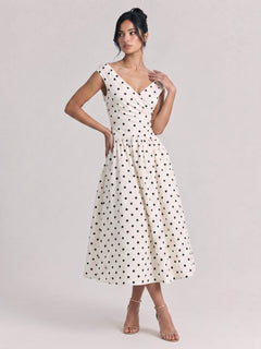 French Vintage Polo-Dot V-Neck Large Swing Dress