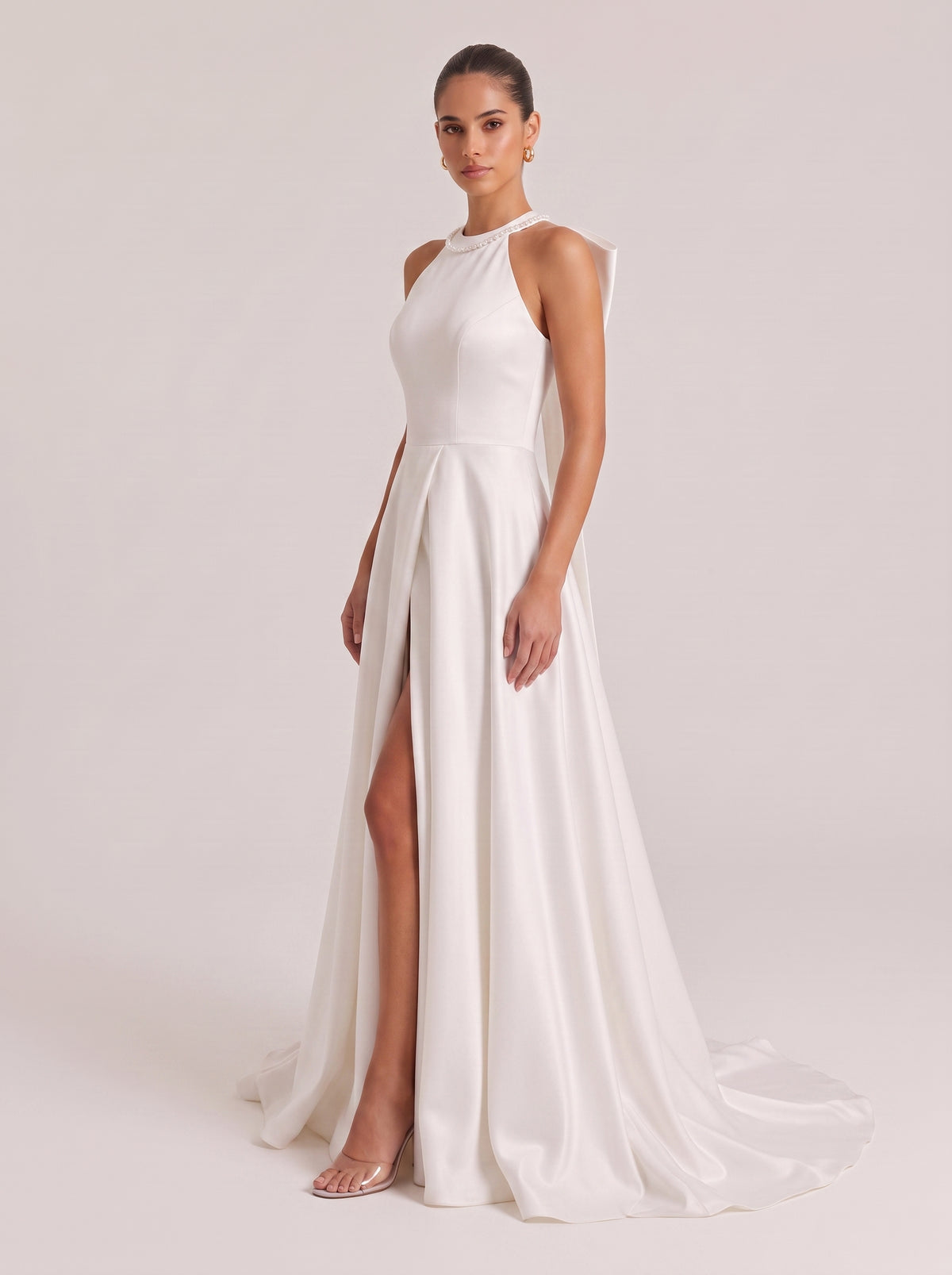 Hanged High Neck Kink Split Satin Trailing Wedding Dress