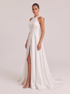 Hanged High Neck Kink Split Satin Trailing Wedding Dress
