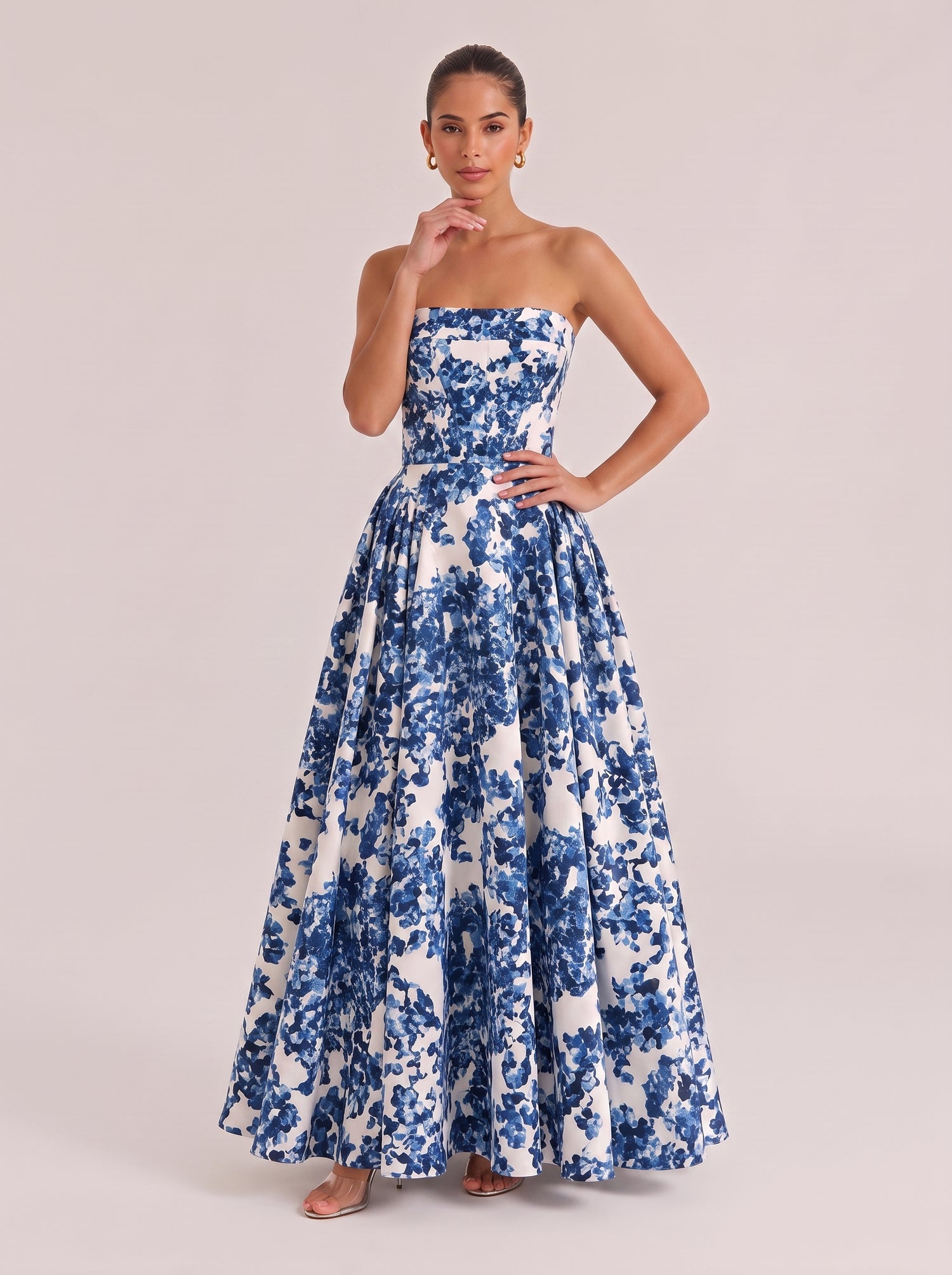 Strapless Blue And White Porcelain Blue Floral Waisted Long Dress