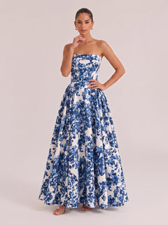 Strapless Blue And White Porcelain Blue Floral Waisted Long Dress