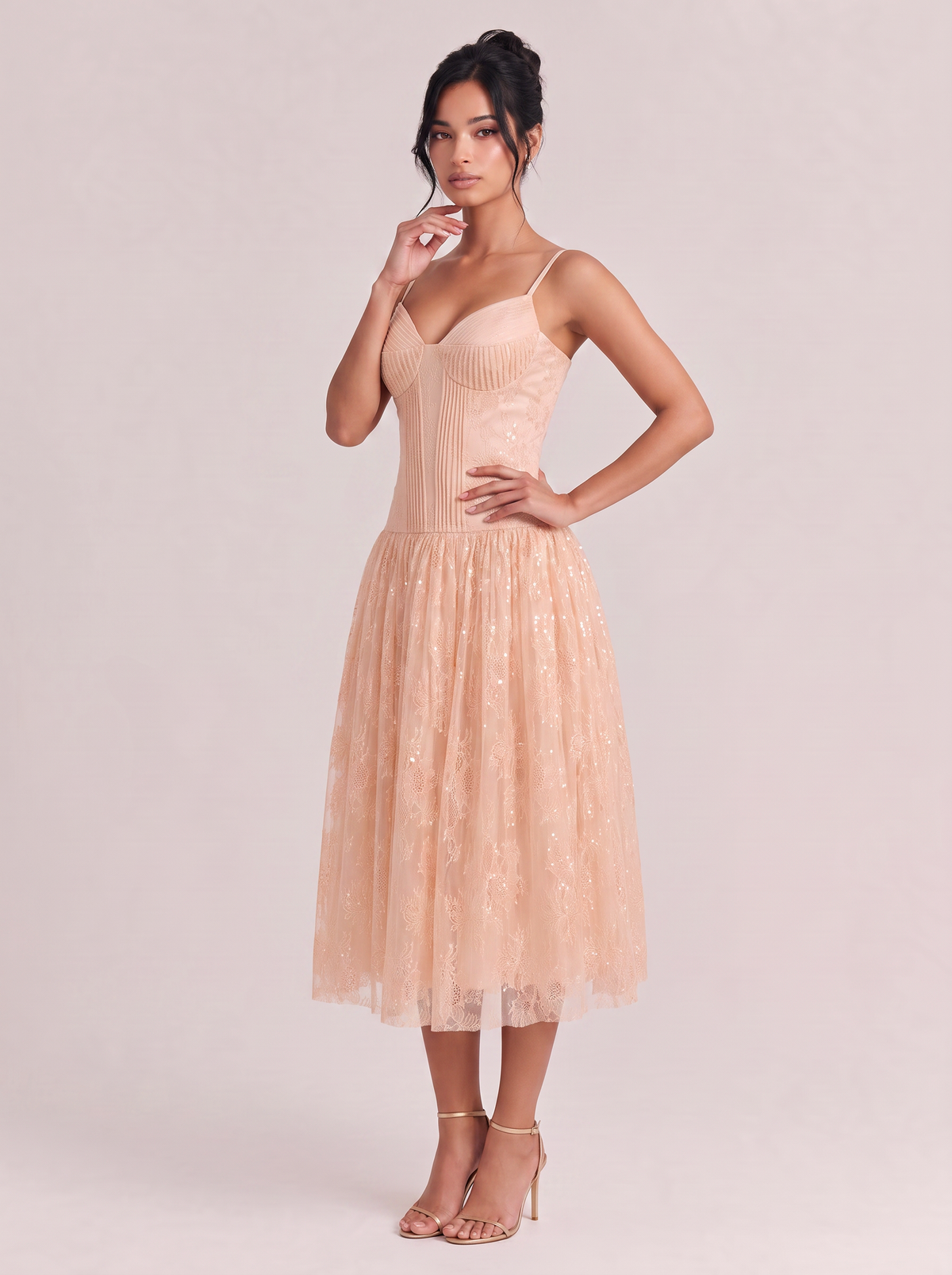Elegant Champagne Pink Sequin Lace Spaghetti Strap Midi Dress