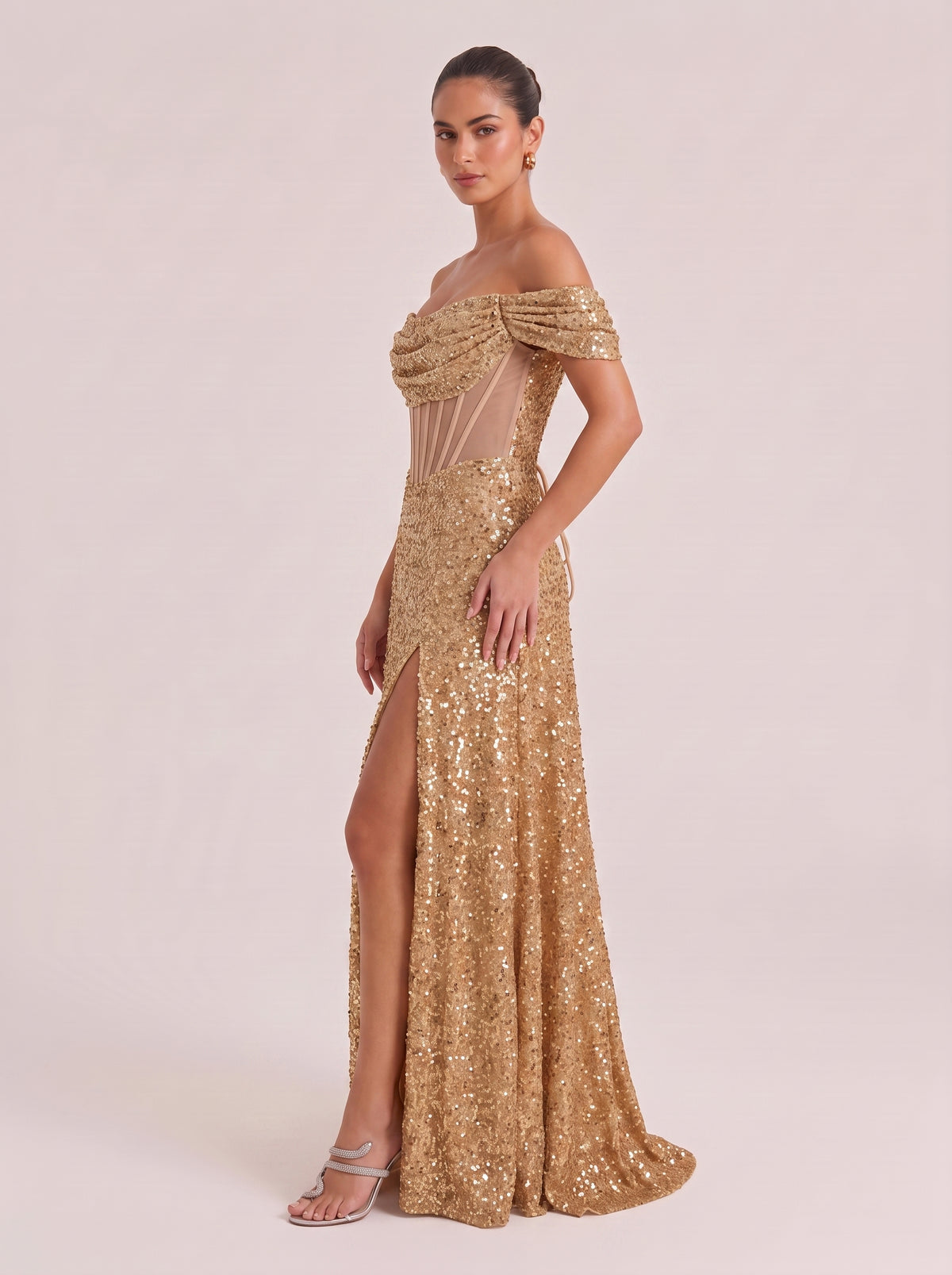 Shoulder Fishbone Waist Sequin Split Long Evening Gown