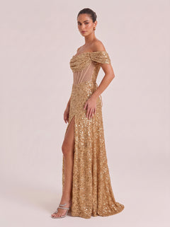 Shoulder Fishbone Waist Sequin Split Long Evening Gown