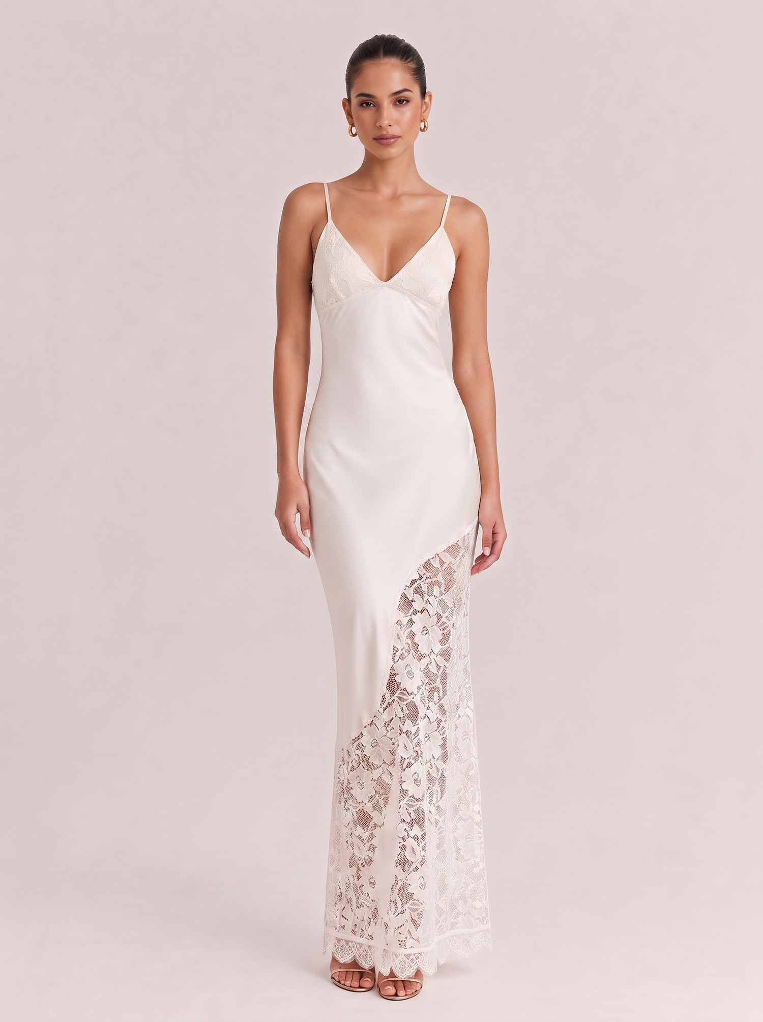 Deep V Thin Strap Satin Stitching Lace Split Long Dress