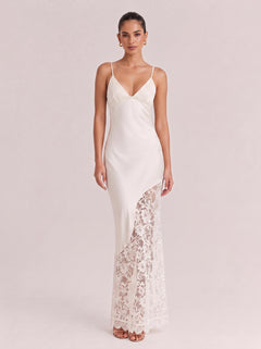 Deep V Thin Strap Satin Stitching Lace Split Long Dress