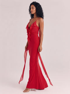 Deep V Strap Stereo Flower Strap Pleated Fishtail Long Dress