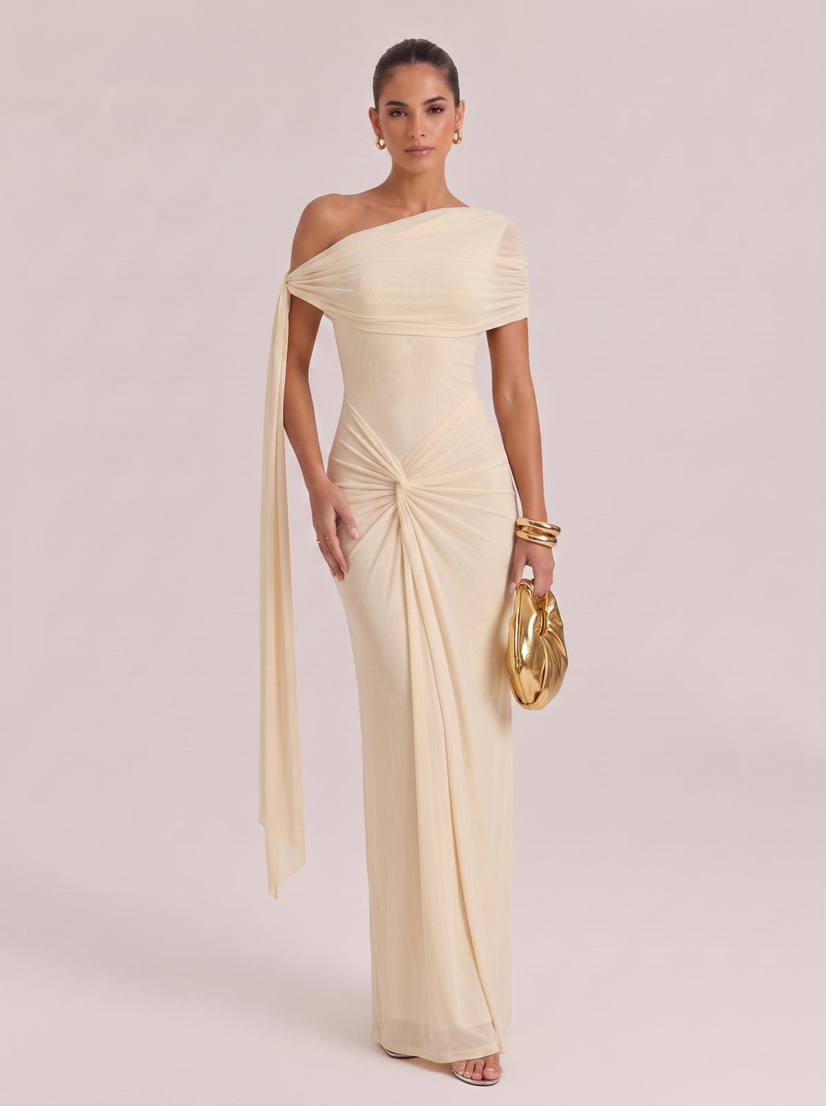 Slim-Fit Long Evening Gown With Slant Shoulder Waist And Pleated Waist