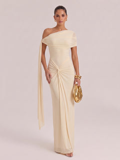 Slim-Fit Long Evening Gown With Slant Shoulder Waist And Pleated Waist