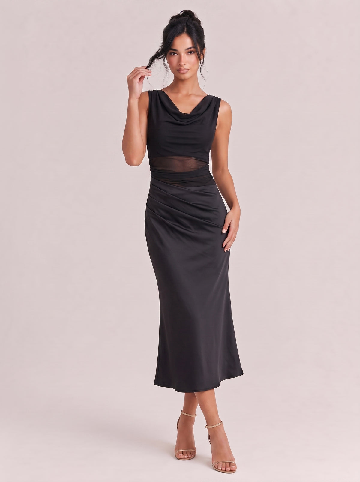 Off-shoulder Waist Mesh Hollowed-out Pleated Slim-fit Slit Long Dress