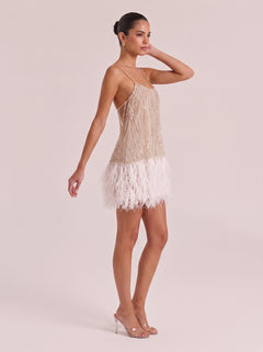 Fine Strap Beaded Mesh Feather Short Party Dress