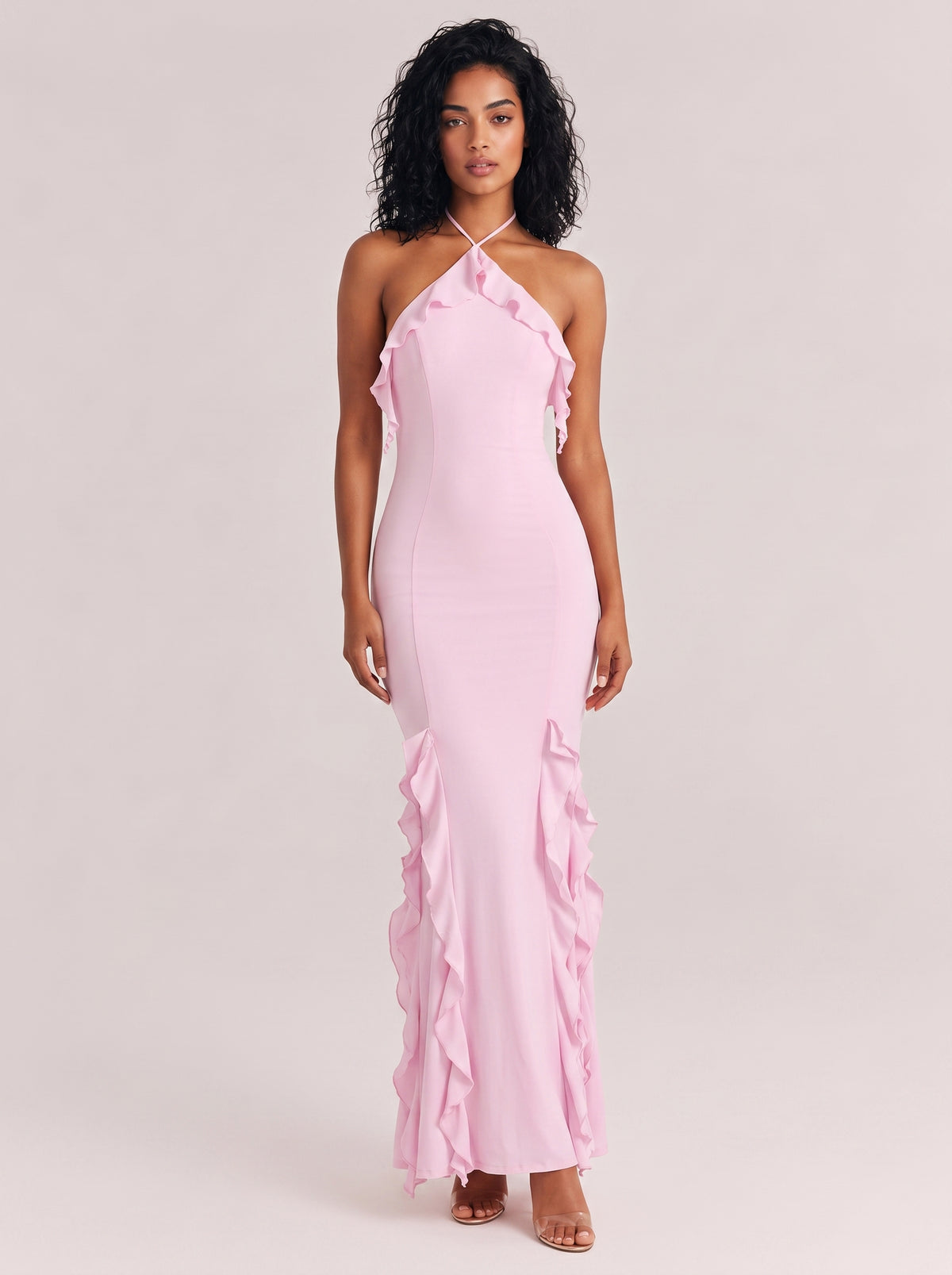 Neck Ruffled Slim-fit Fishtail Long Dress