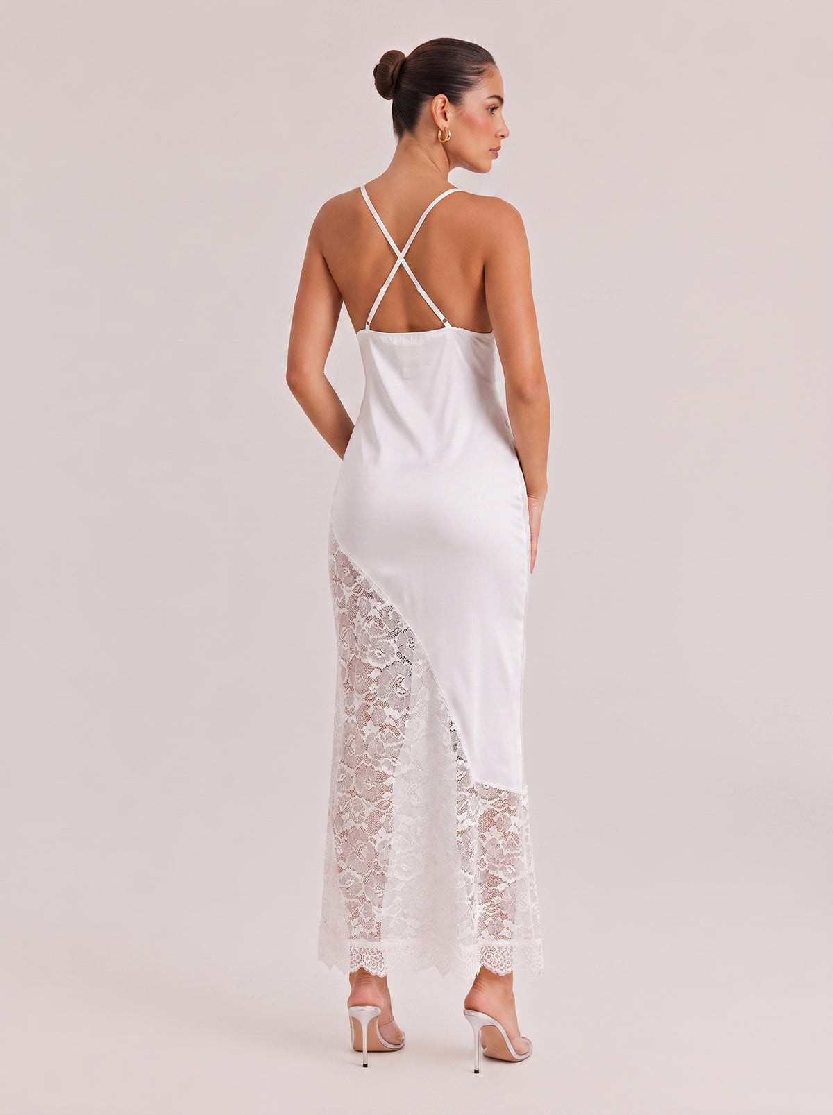Deep V Thin Strap Satin Stitching Lace Split Long Dress
