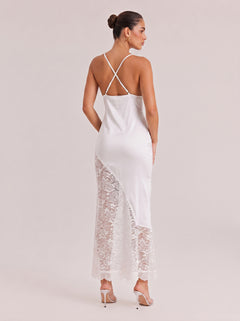 Deep V Thin Strap Satin Stitching Lace Split Long Dress