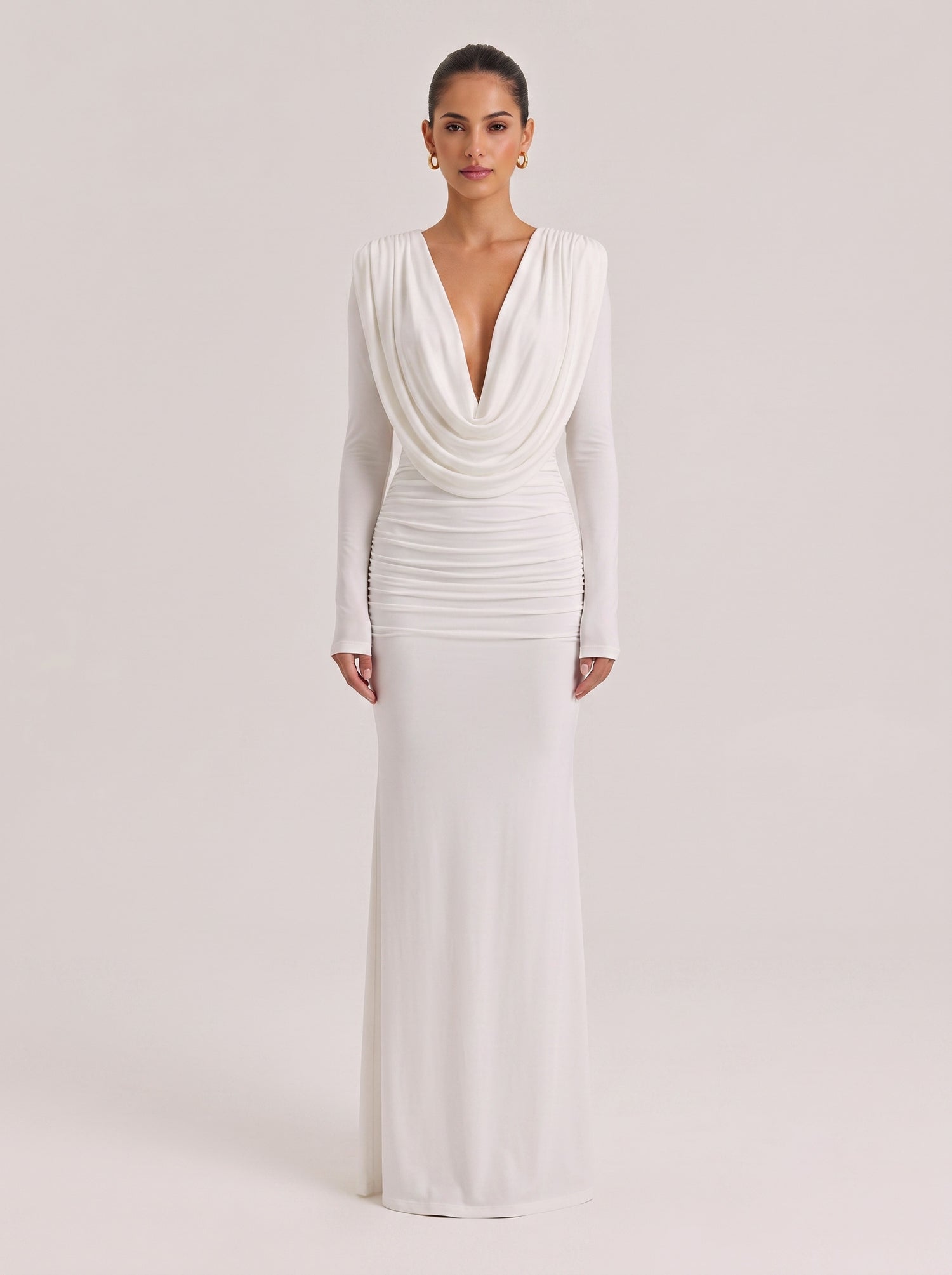 Swing Collar Deep V Long Sleeve Pleated Bag White Stretch Slim Fit Long Dress For Hip