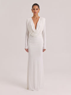 Swing Collar Deep V Long Sleeve Pleated Bag White Stretch Slim Fit Long Dress For Hip
