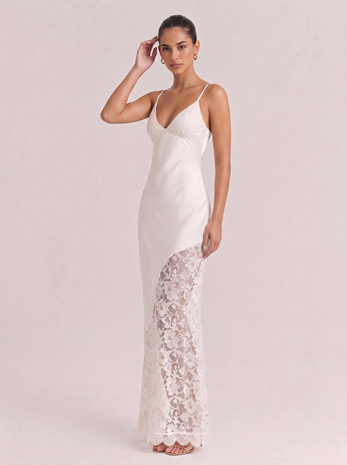 Deep V Thin Strap Satin Stitching Lace Split Long Dress